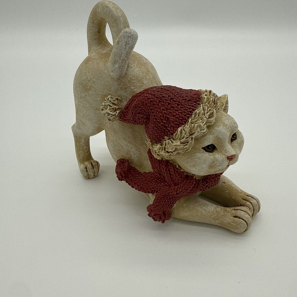 Vintage Christmas Cat Figurine Stretching Holiday Festive Hat Scarf